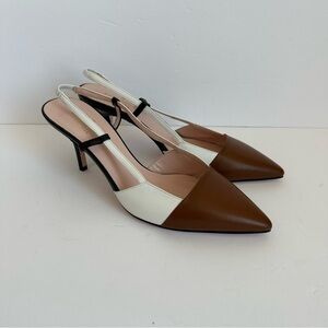 KateSpade Sabina pumps white brown leather with black and clear slingback straps